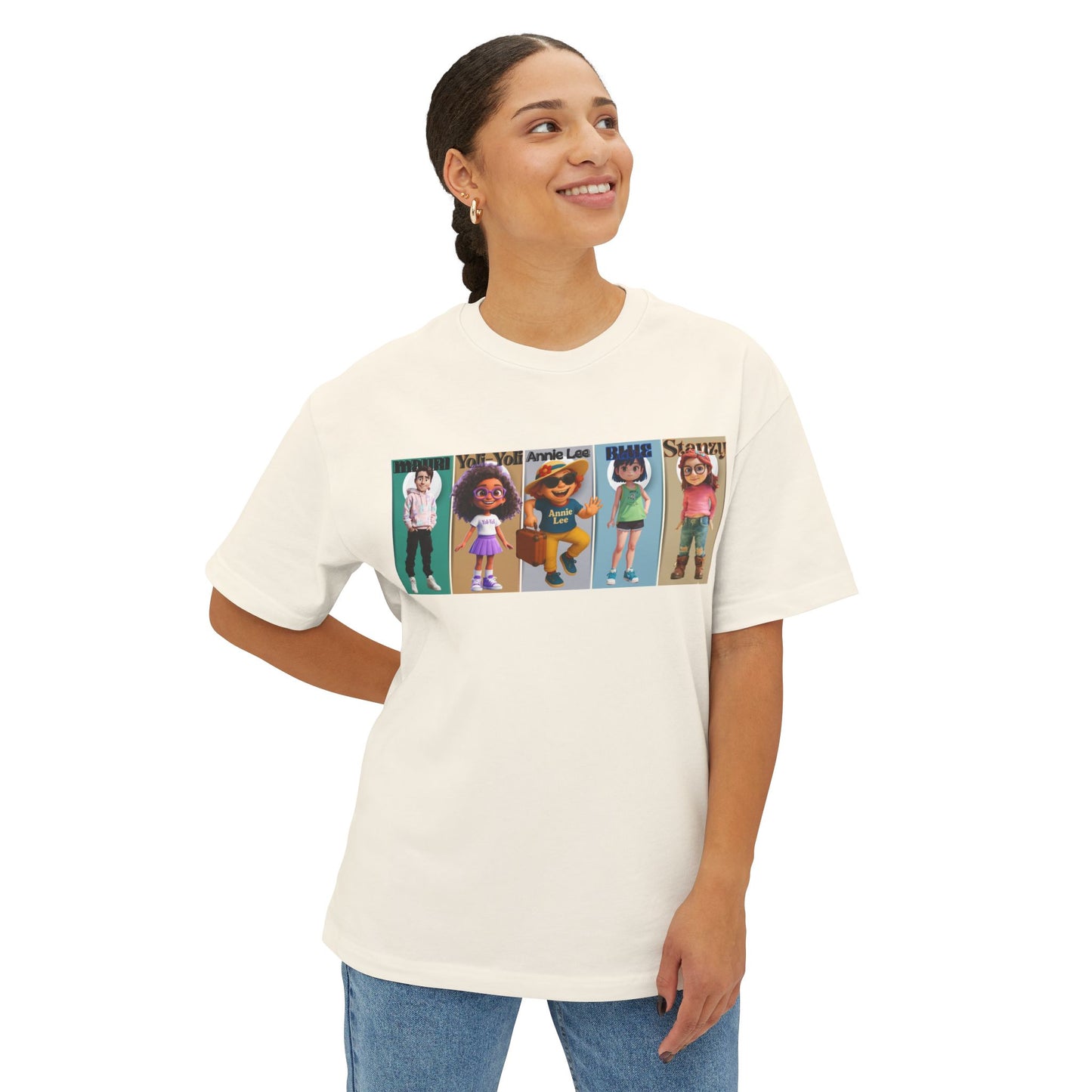 woman wearing vibrant people the ultimate oversize tee. Natural. front