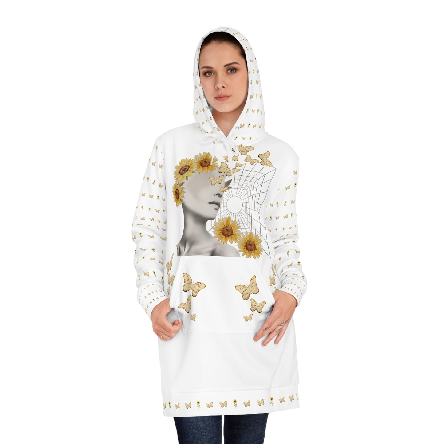 Woman wears the Moni Lee Hoodie dress white and yellow