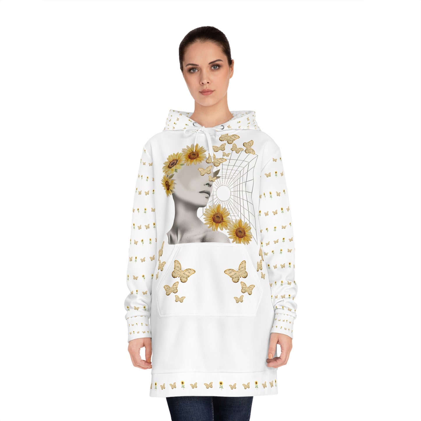 Woman wears the Moni Lee Hoodie dress white and yellow relaxed