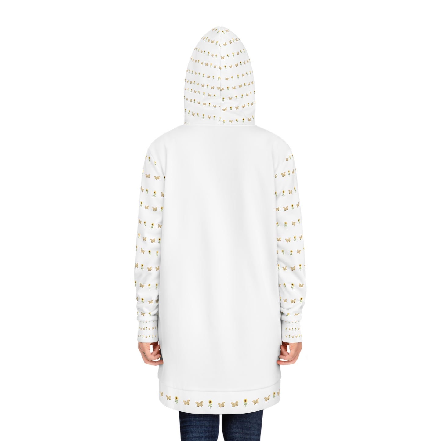 Woman wears the Moni Lee Hoodie dress white and yellow back