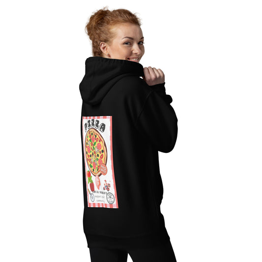 Woman is wearing the Moni Lee Black Hoodie with pizza delivery poster at back