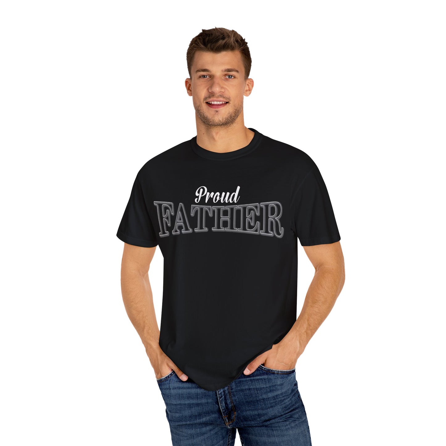 Man whit his hands in his pockets is wearing the Moni Lee Proud father premium black Tee.