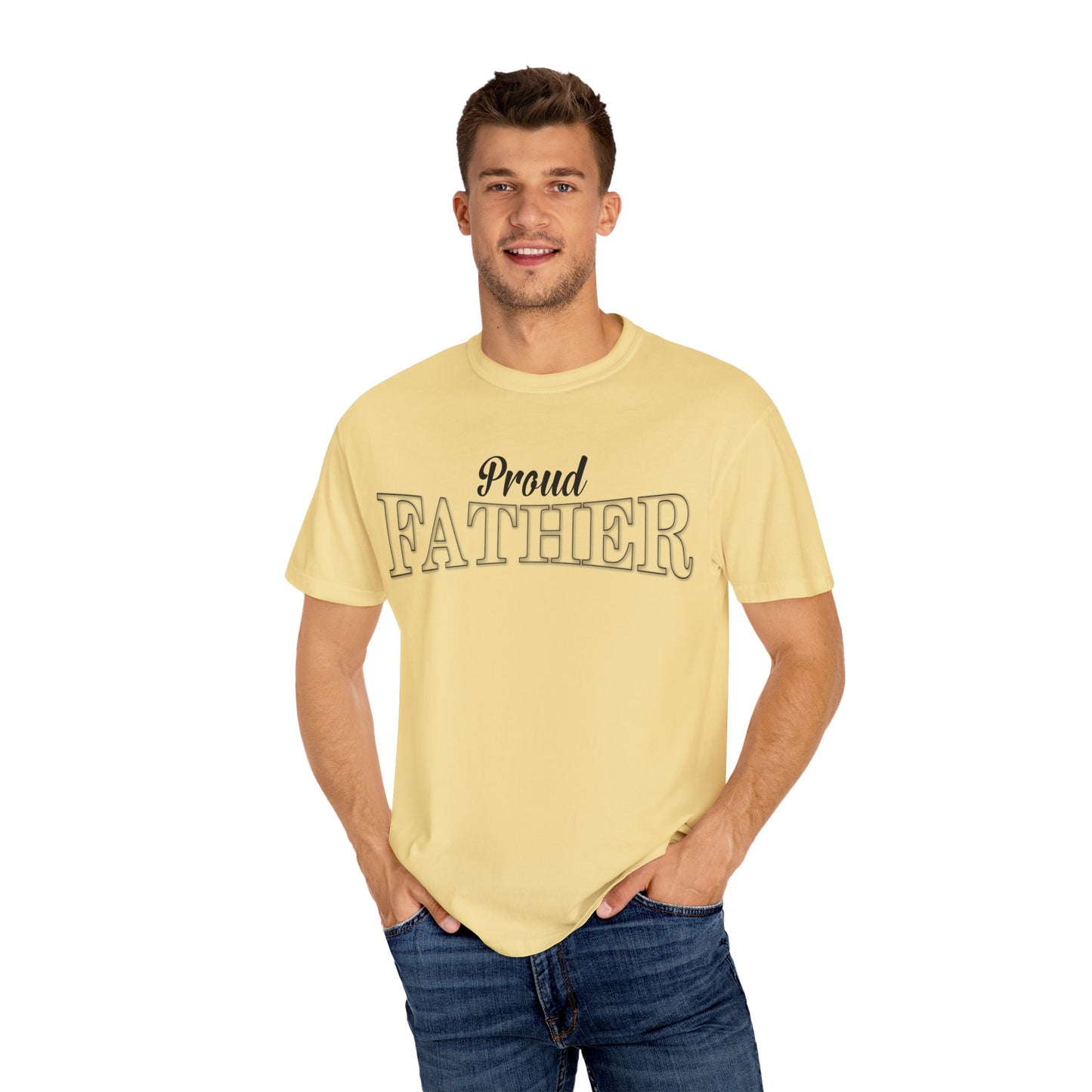 Man whit his hands in his pockets is wearing the Moni Lee Proud father premium butter Tee.