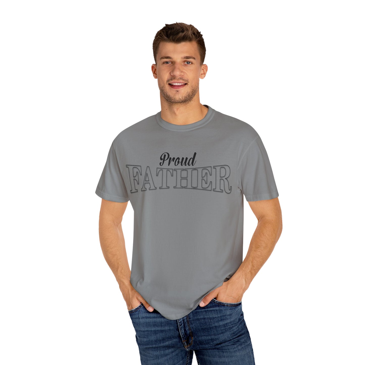 Man whit his hands in his pockets is wearing the Moni Lee Proud father premium granite Tee.