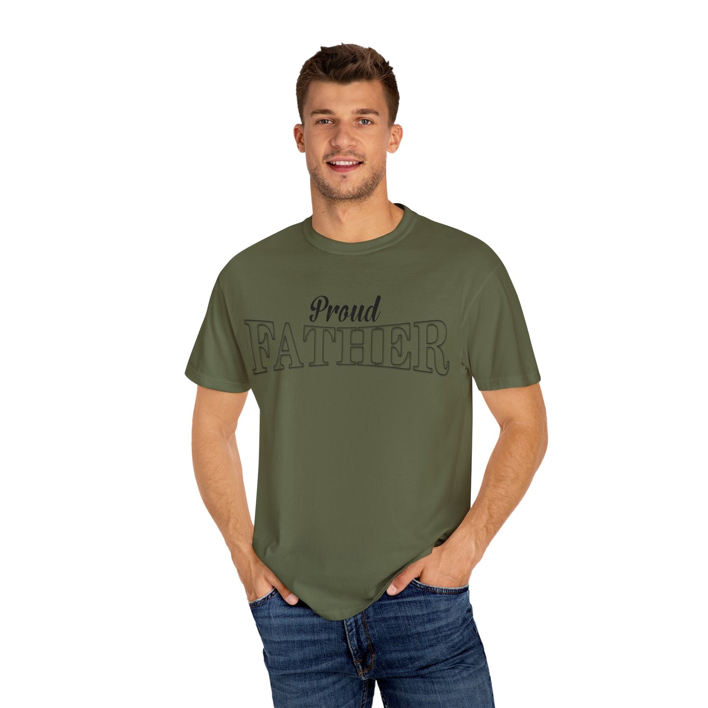 Man whit his hands in his pockets is wearing the Moni Lee Proud father premium hemp Tee.