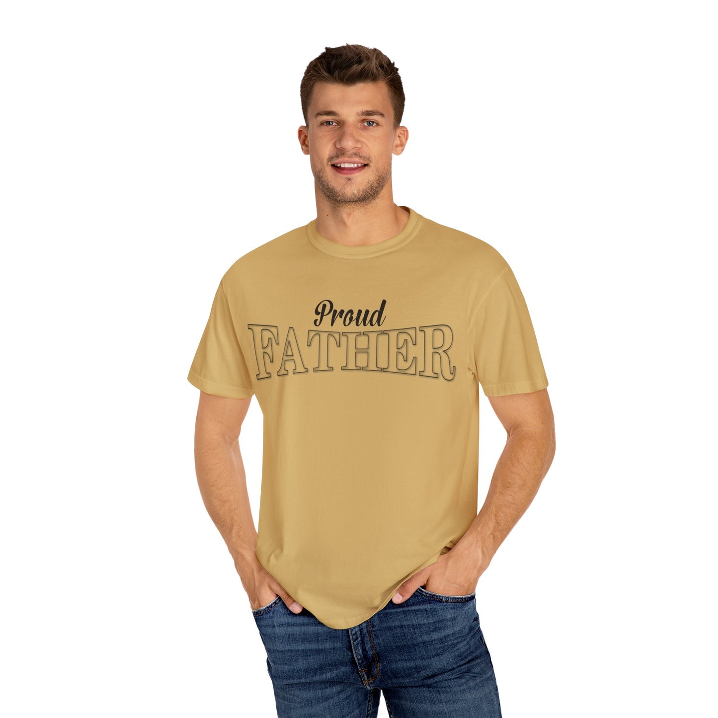 Man whit his hands in his pockets is wearing the Moni Lee Proud father premium mustard Tee.