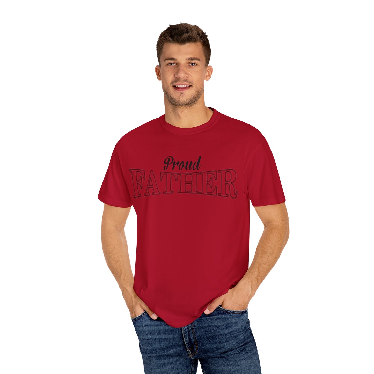 Man whit his hands in his pockets is wearing the Moni Lee Proud father premium red Tee.