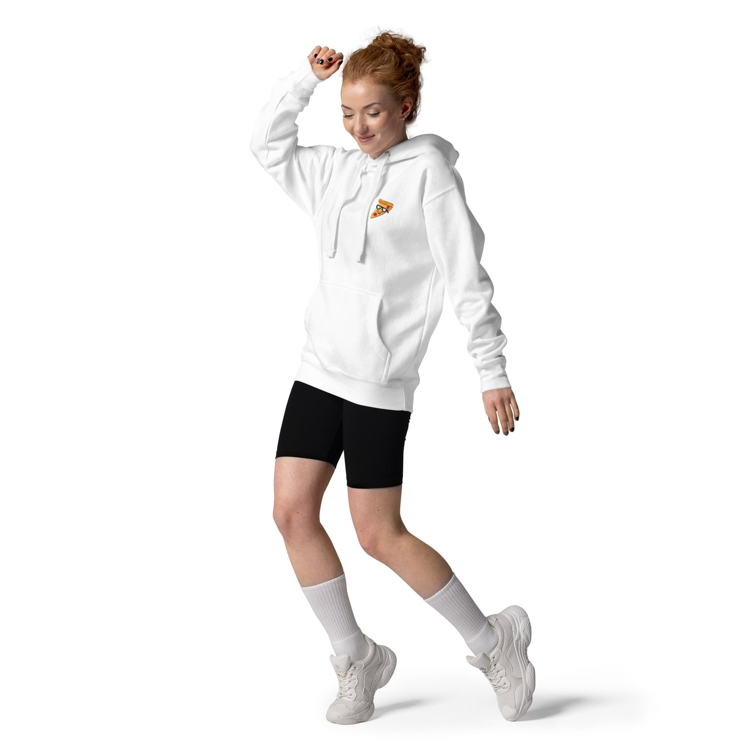 Woman is wearing the Moni Lee white Hoodie with pizza slice at front. Premium.