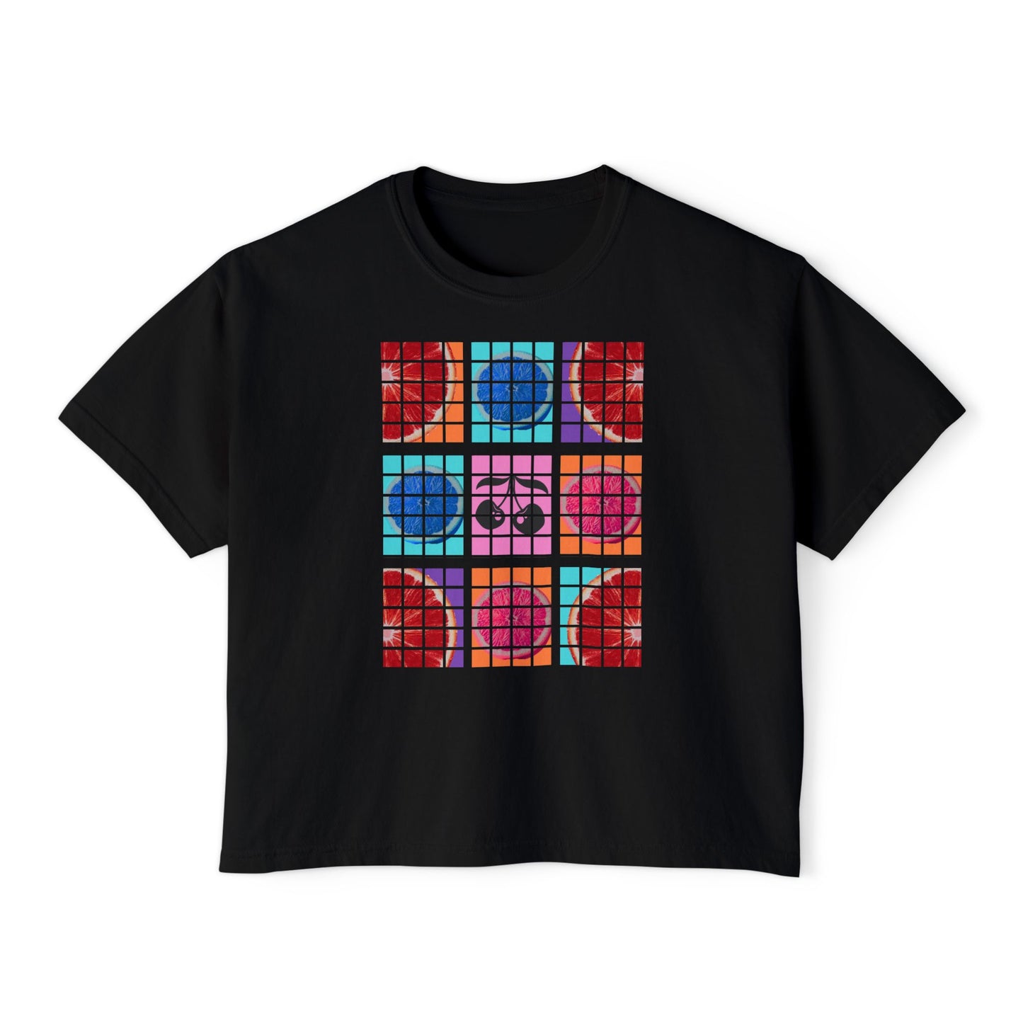 Black t-shirt with colorful geometric pattern on a white background