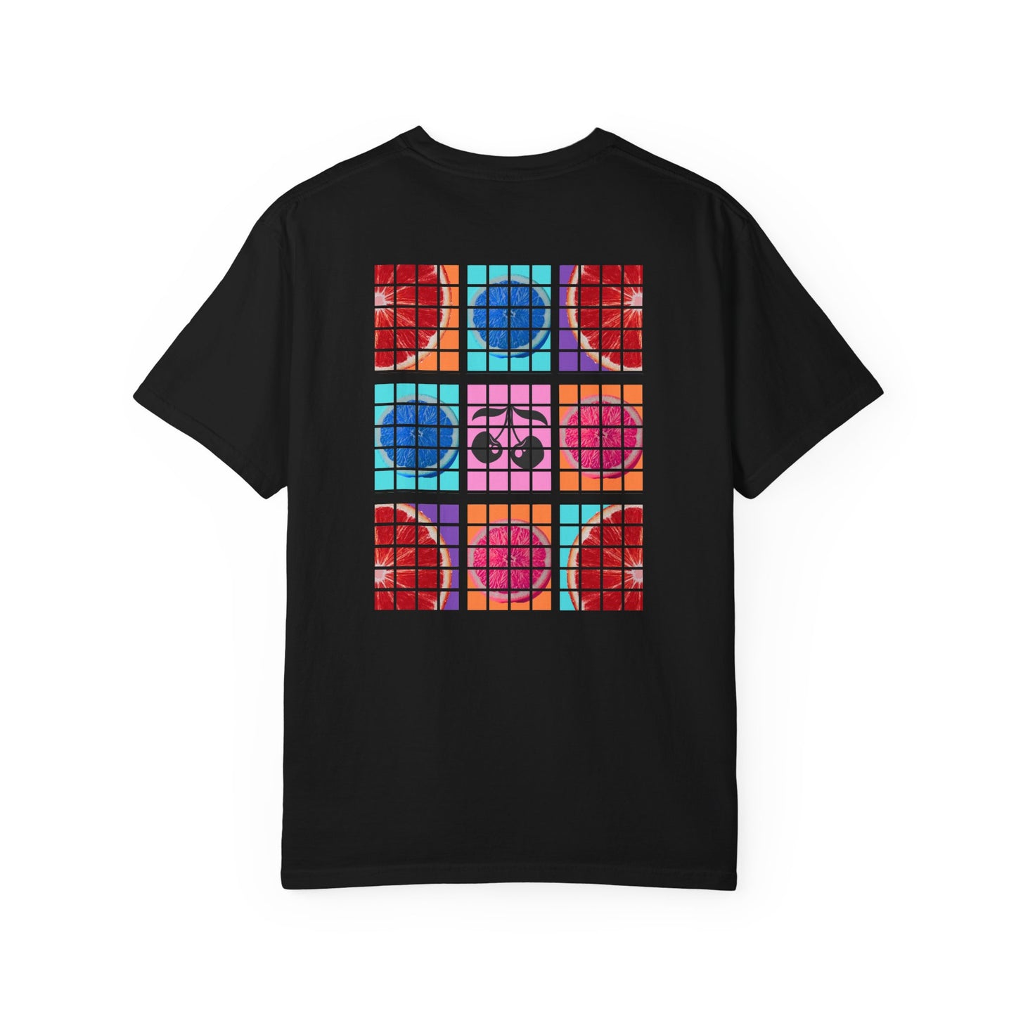 Black t-shirt with colorful geometric pattern on a white background