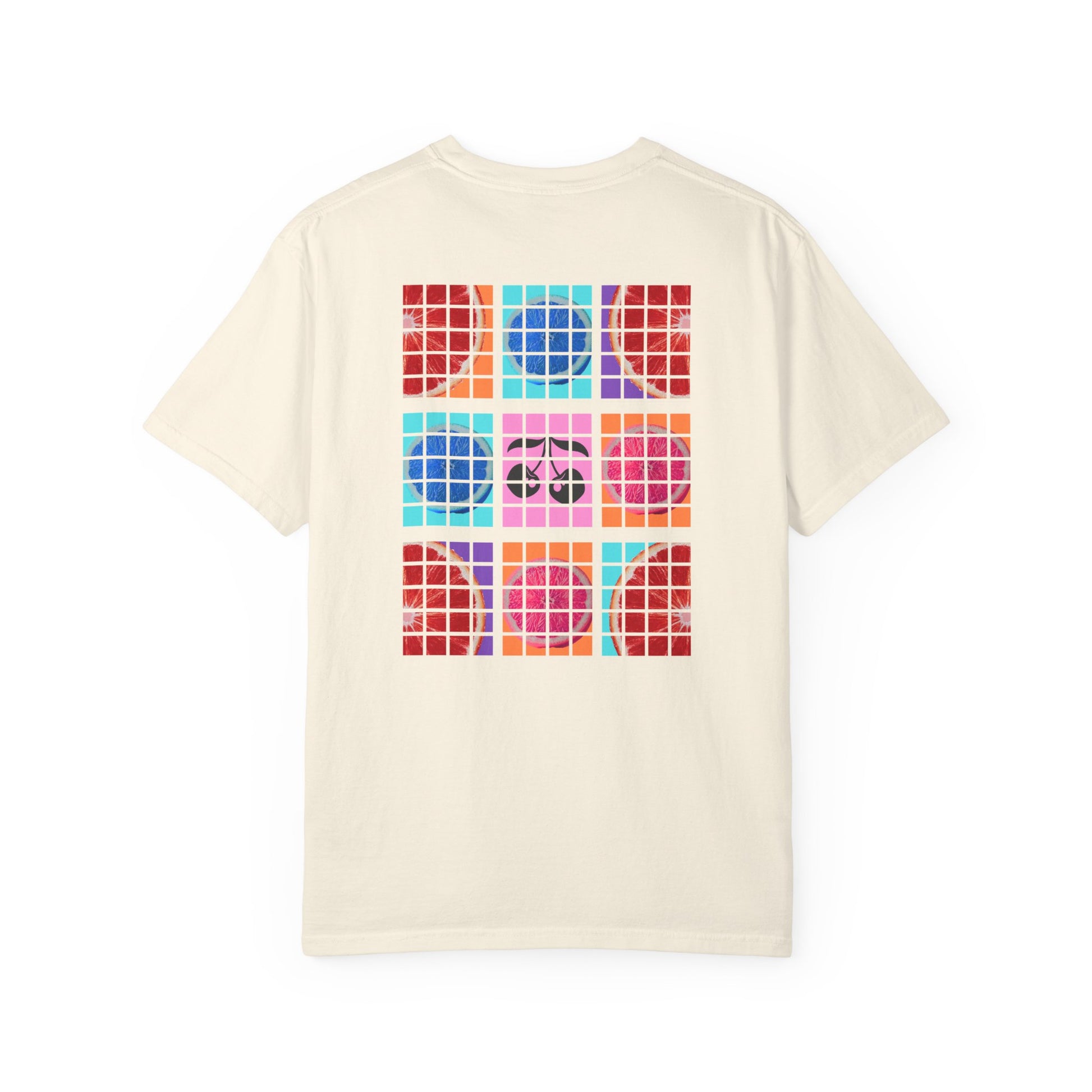 Beige t-shirt with colorful geometric pattern on a white background