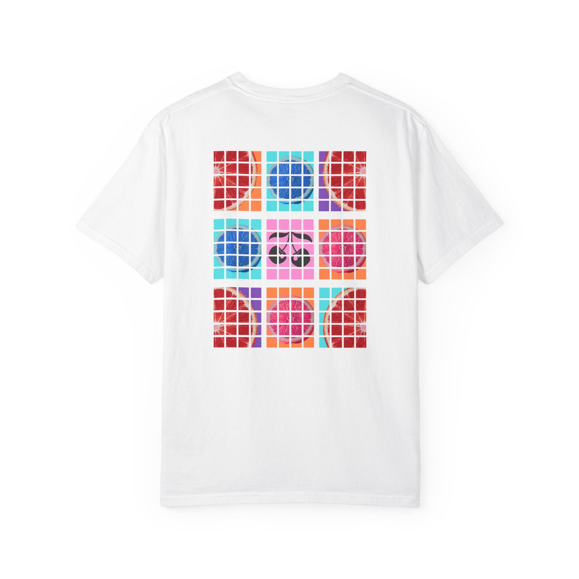 White t-shirt with colorful geometric pattern on a white background
