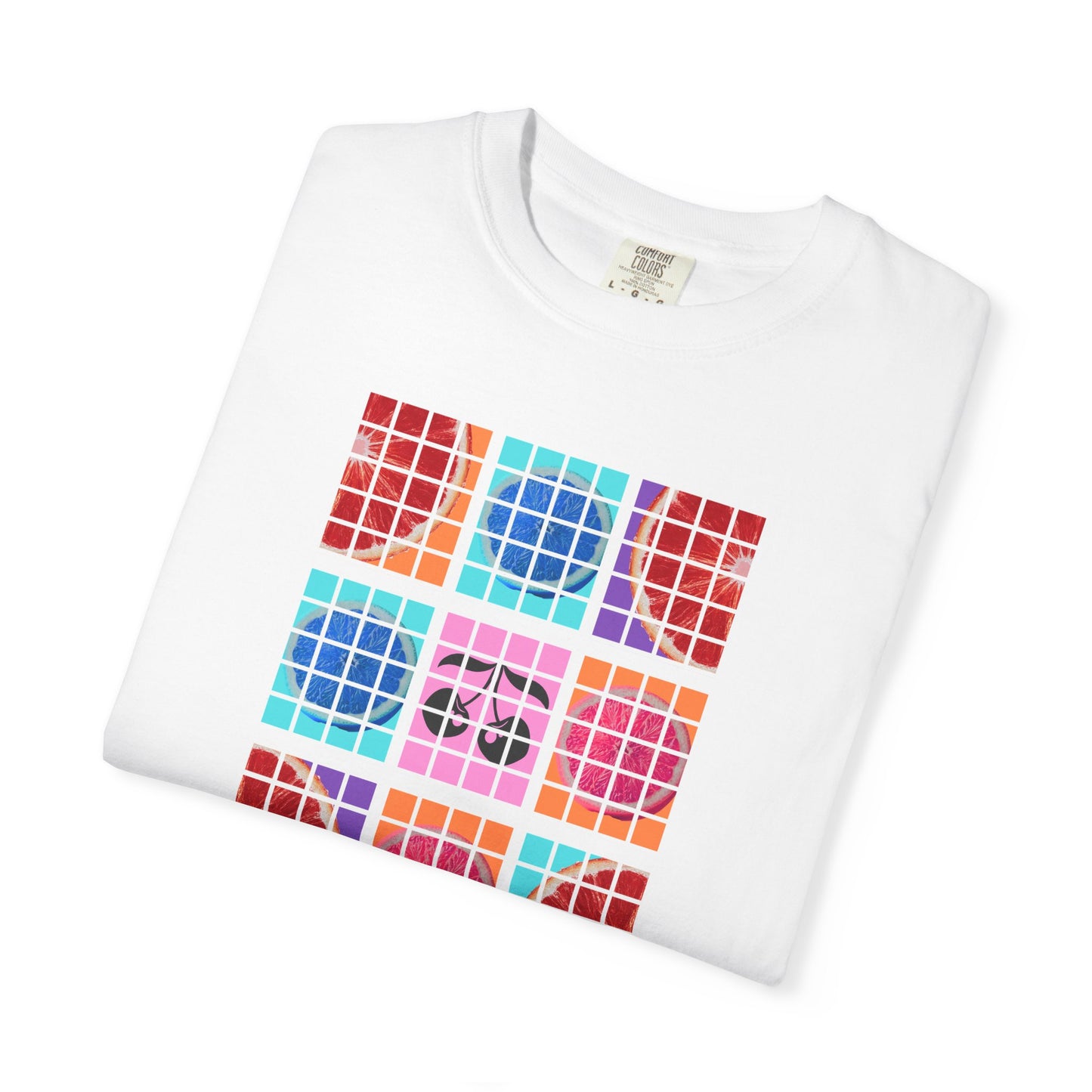 White t-shirt with colorful grid design on a white background