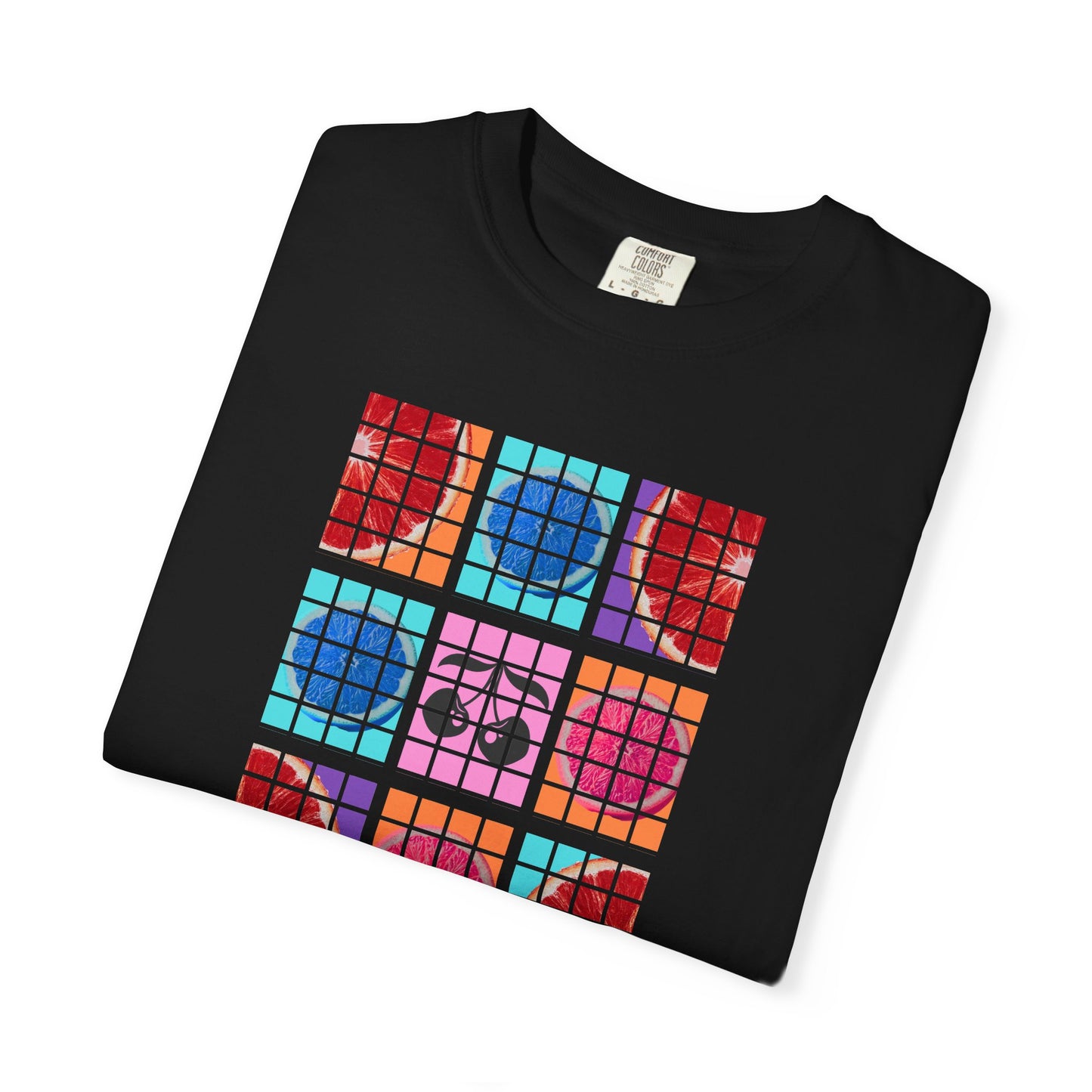 Black t-shirt with colorful square pattern on a white background