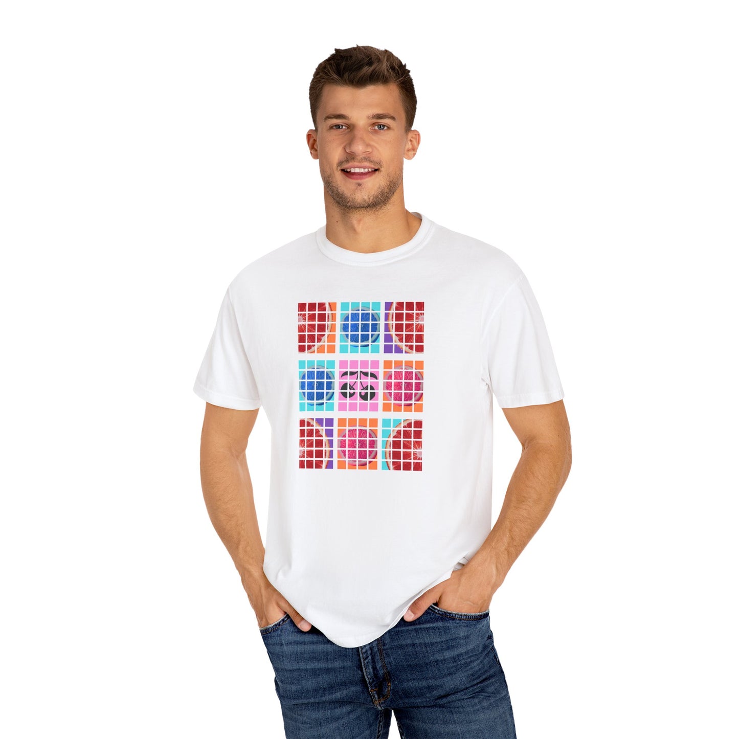 Man wearing a white t-shirt with colorful geometric pattern on a white background