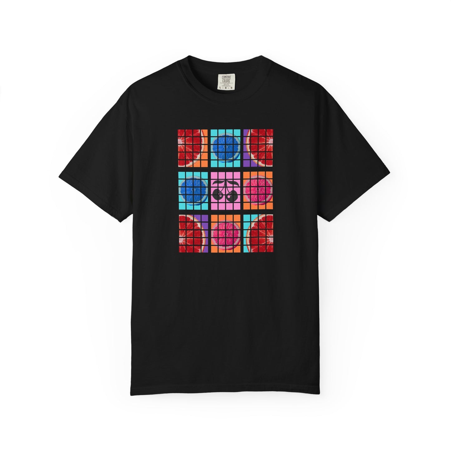 Black t-shirt with colorful pixelated design on a white background