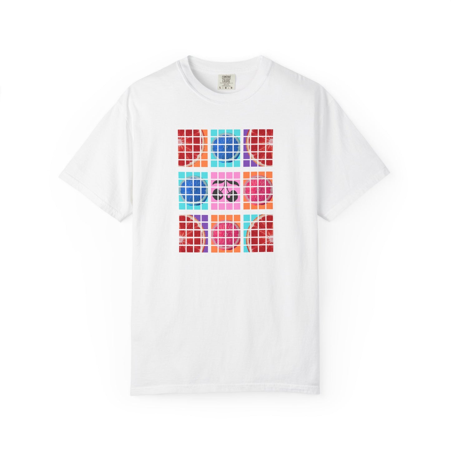 White t-shirt with colorful geometric pattern on a white background