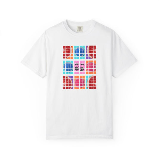 White t-shirt with colorful geometric pattern on a white background