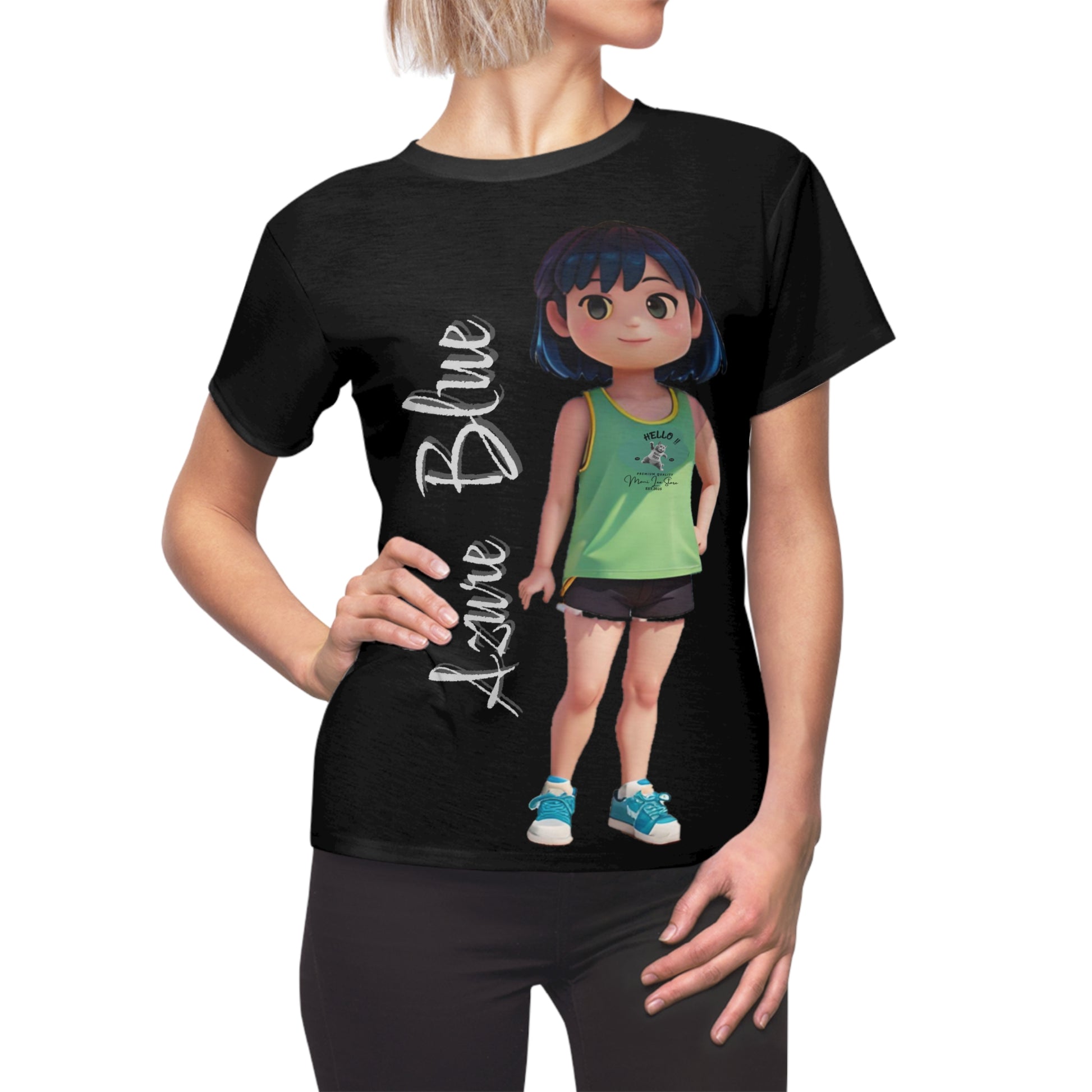 Black Azure_Blue_short tee_woman whit hand on waist