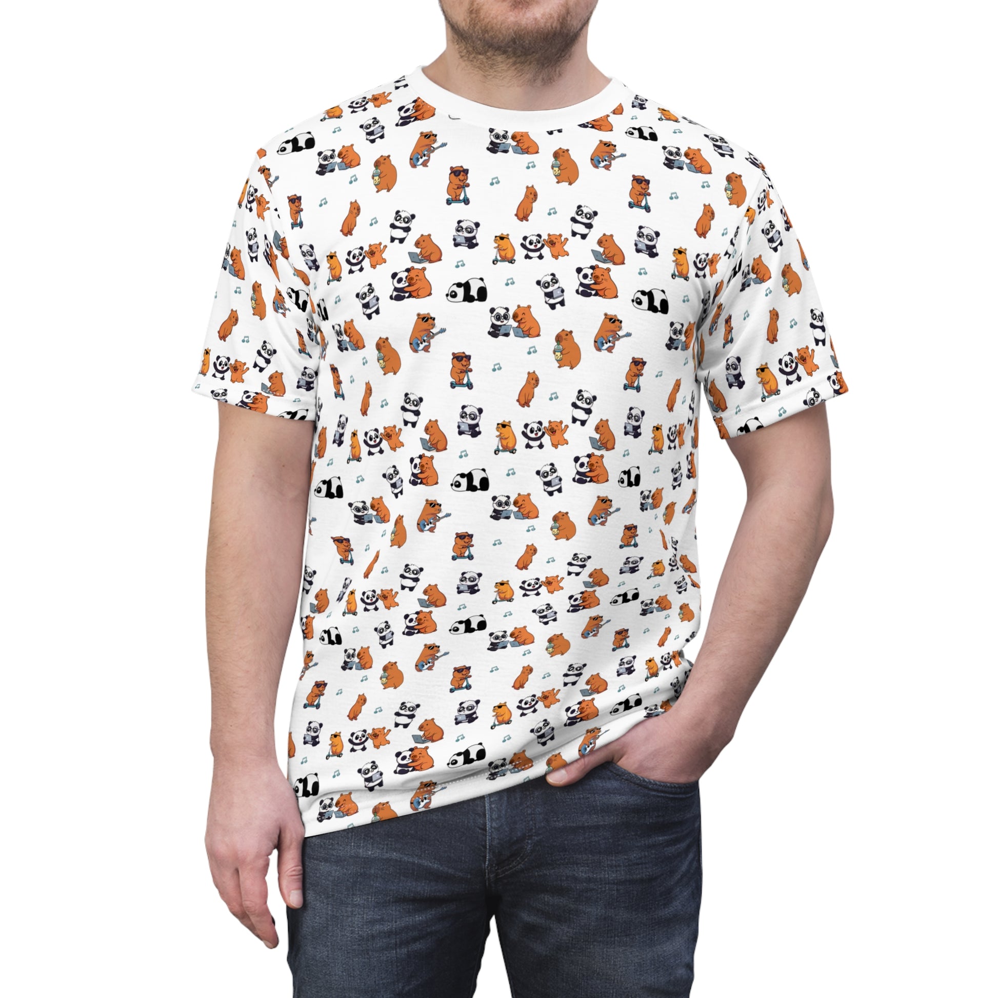 Capy & Panda  Playful Tee. Model man one.