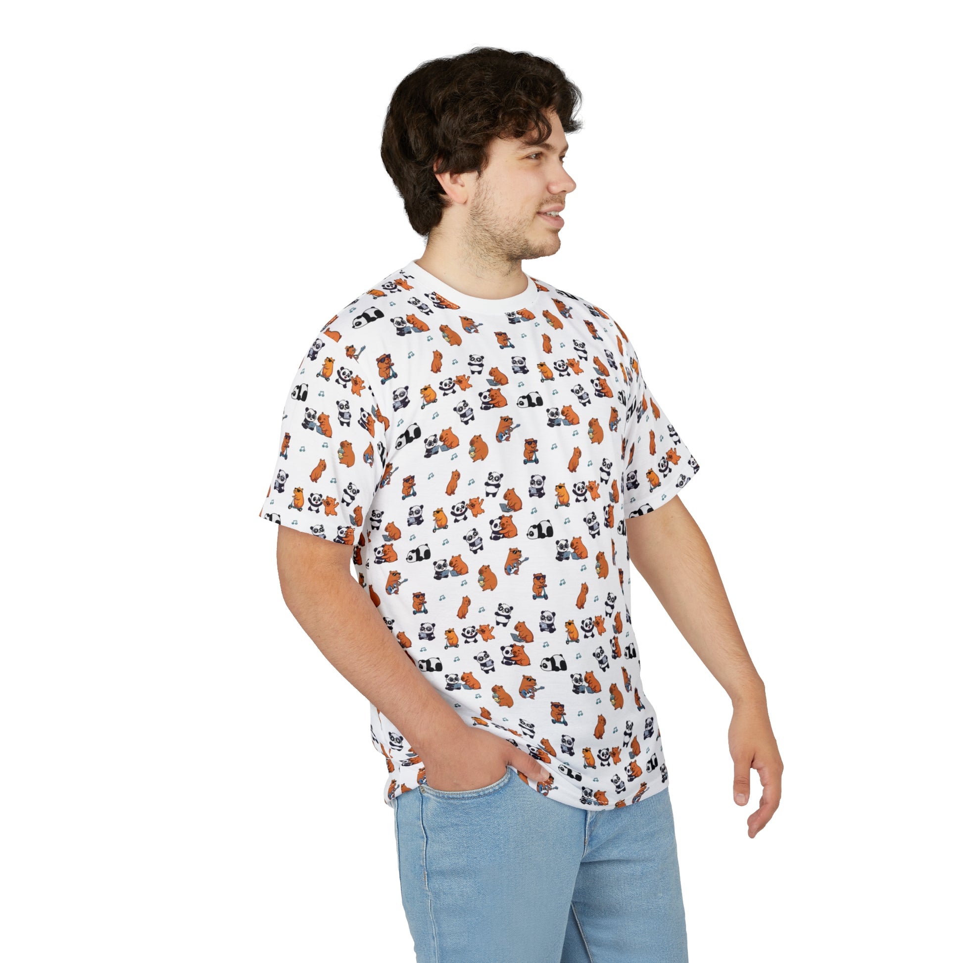 Capy & Panda Playful Tee. Model man one side