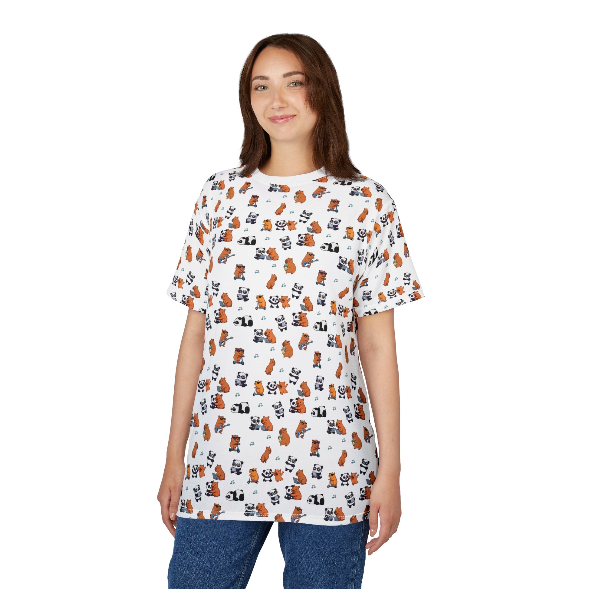 Capy & Panda Playful Tee. Model woman