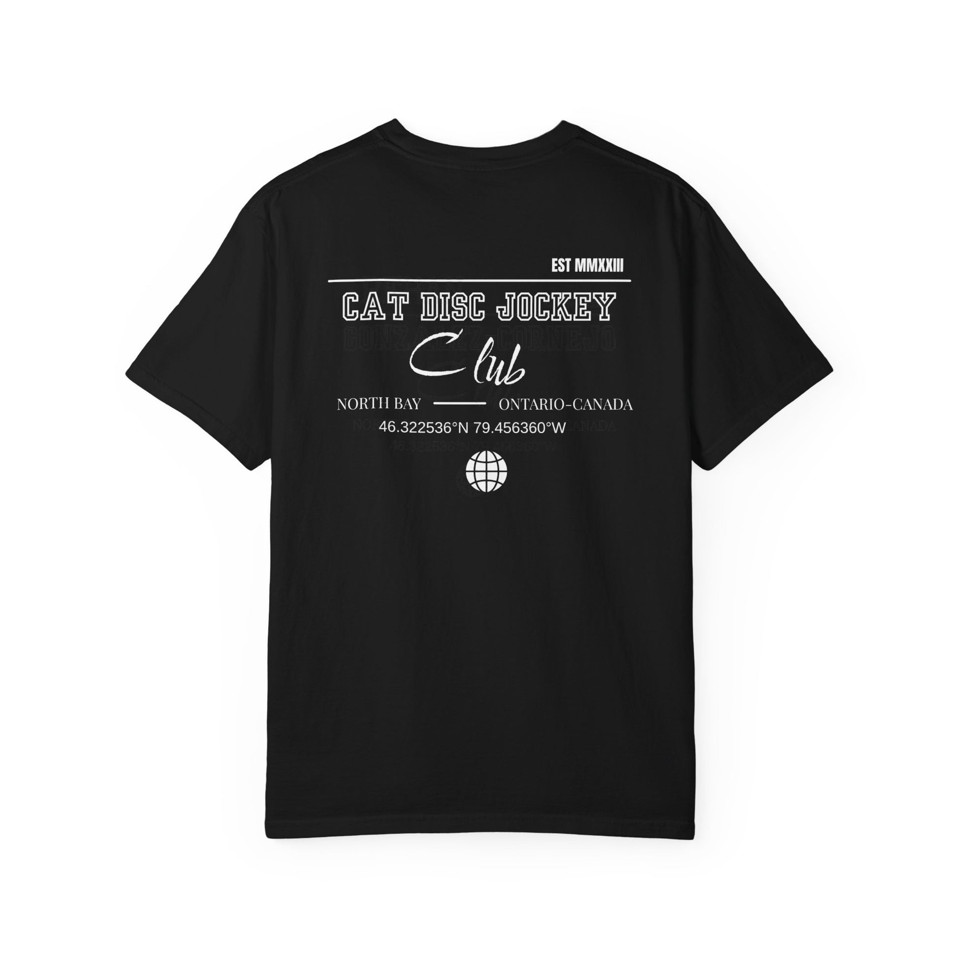Black t-shirt with white text and graphics on a white background
