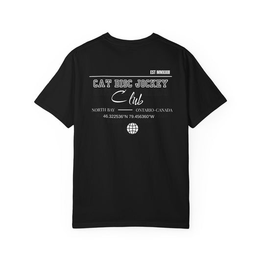 Black t-shirt with white text and graphics on a white background