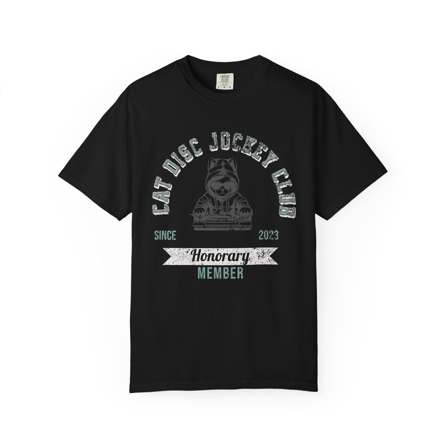 Black t-shirt with 'Cat Disc Jockey Club' graphic on a white background