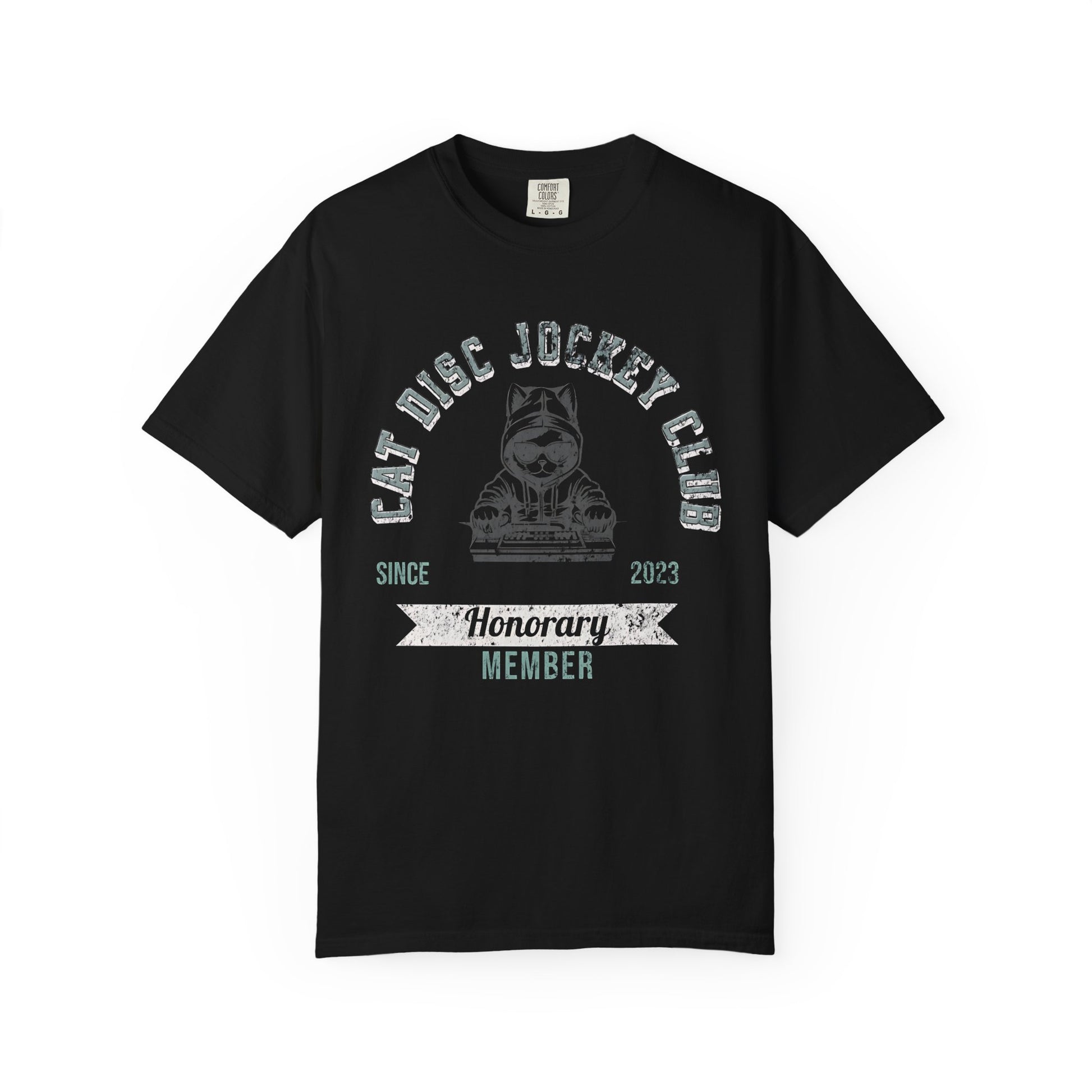 Black t-shirt with 'Cat Disc Jockey Club' graphic on a white background