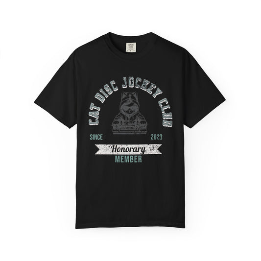 Black t-shirt with 'Cat Disc Jockey Club' graphic on a white background