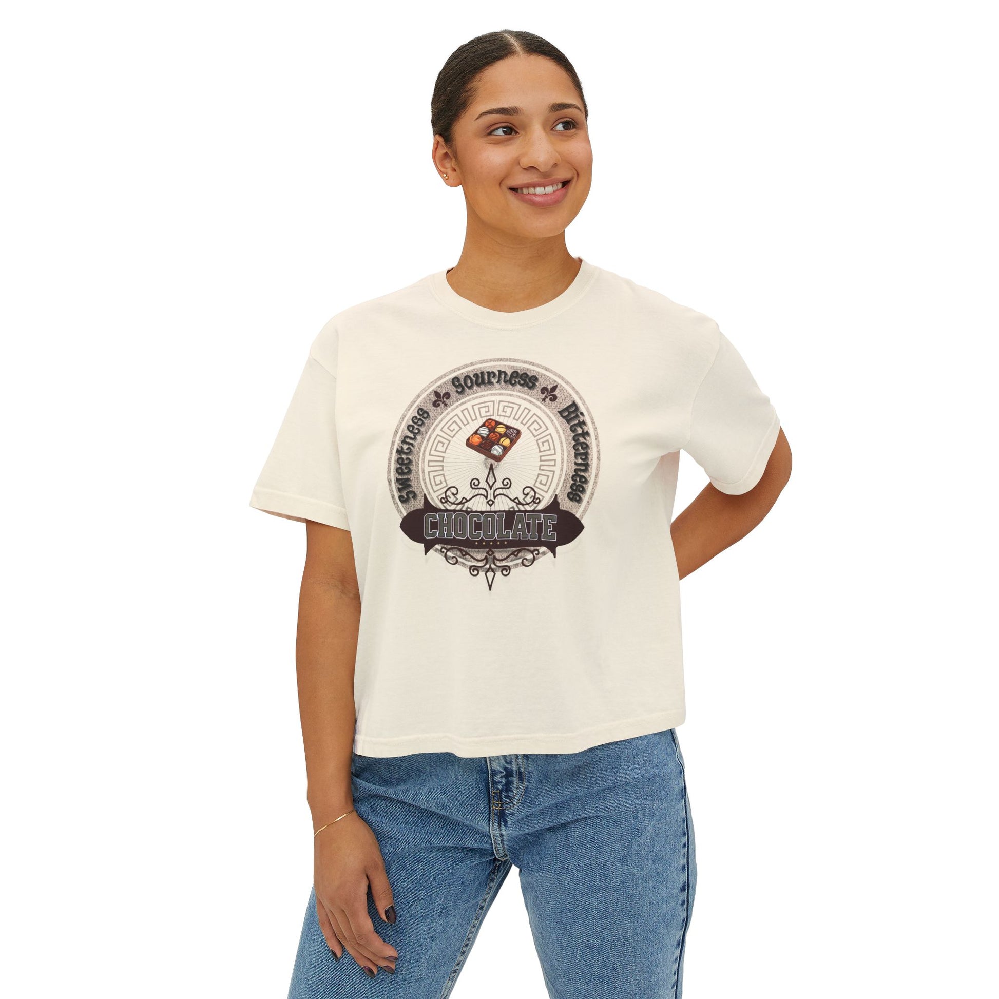 Chocolate Tee front. Ivory Woman One