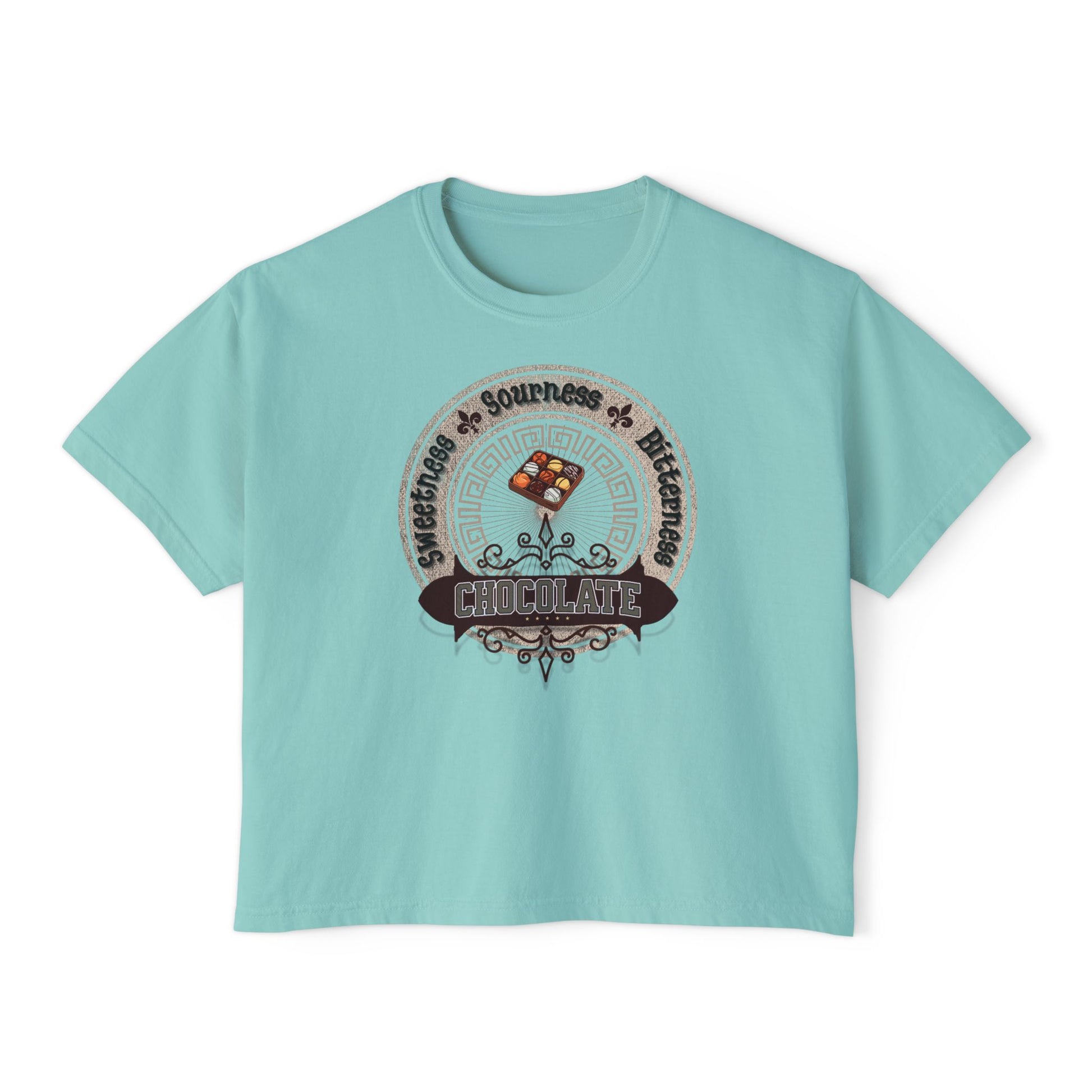 Chocolate Tee front. Energy and Happiness. Chalky mint