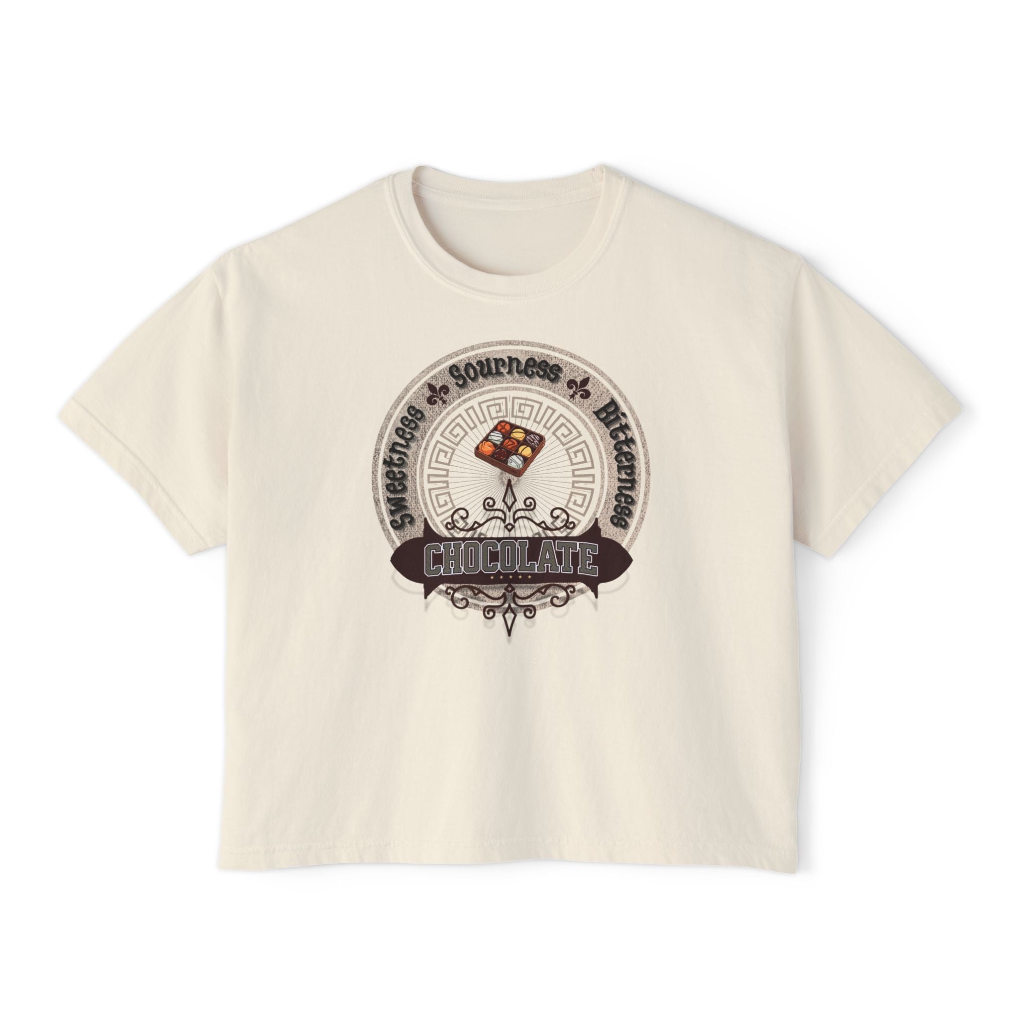 Chocolate Tee front. Energy and Happiness. Ivory