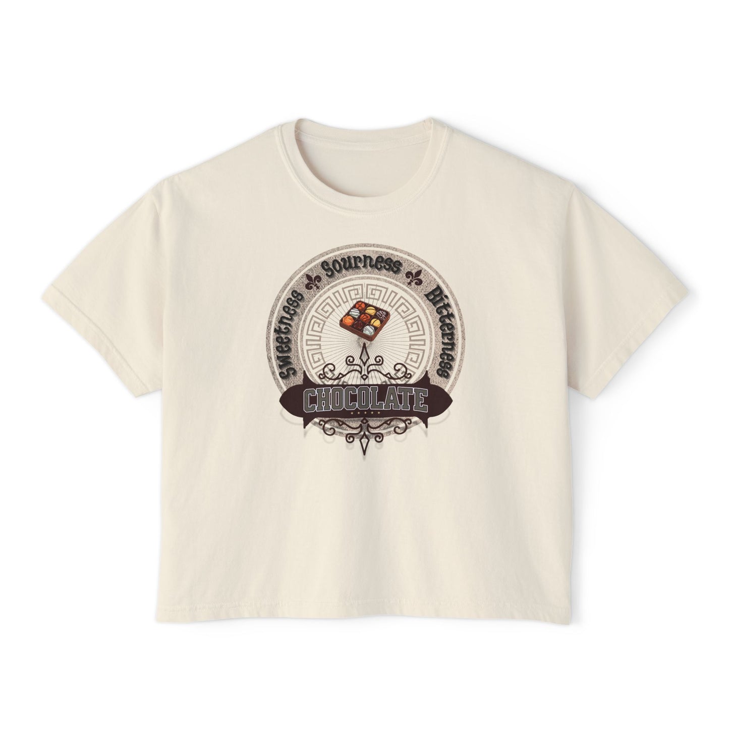 Chocolate Tee front. Energy and Happiness. Ivory