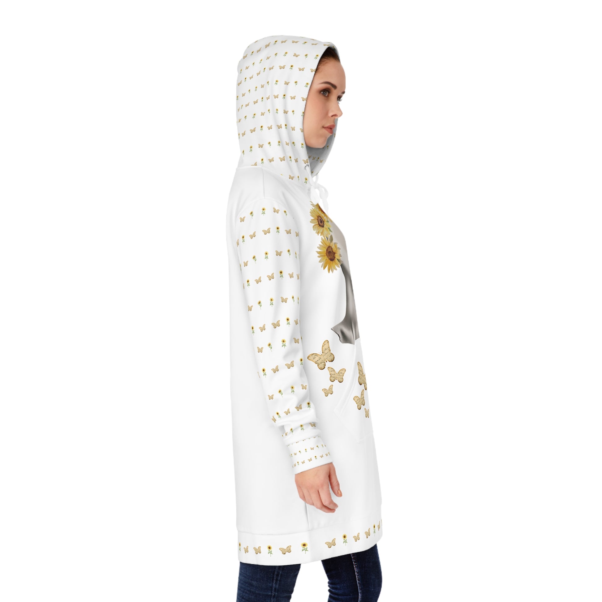 Woman wears the Moni Lee Hoodie dress white and yellow side