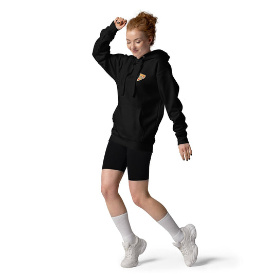 Woman is wearing the Moni Lee Black Hoodie with pizza slice at front. Premium.