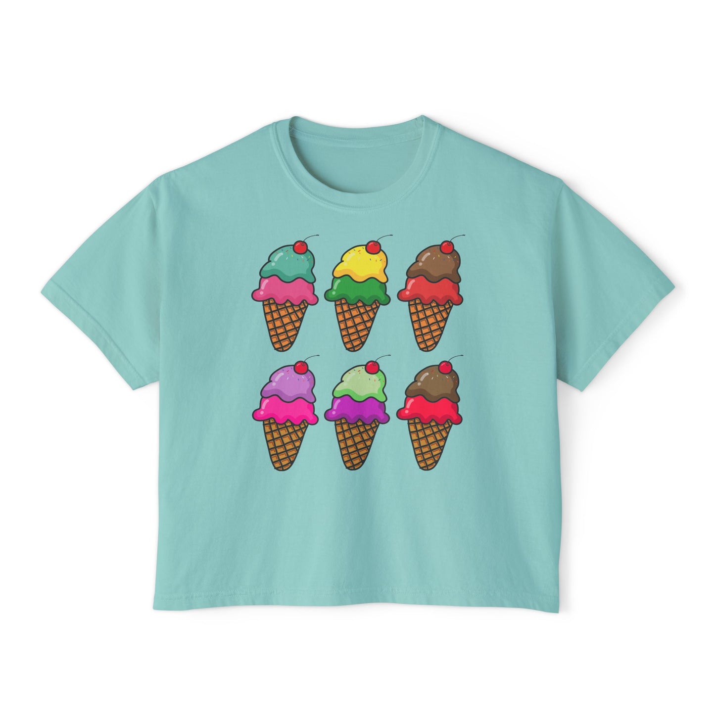 Light blue t-shirt with colorful ice cream cone graphics on a white background