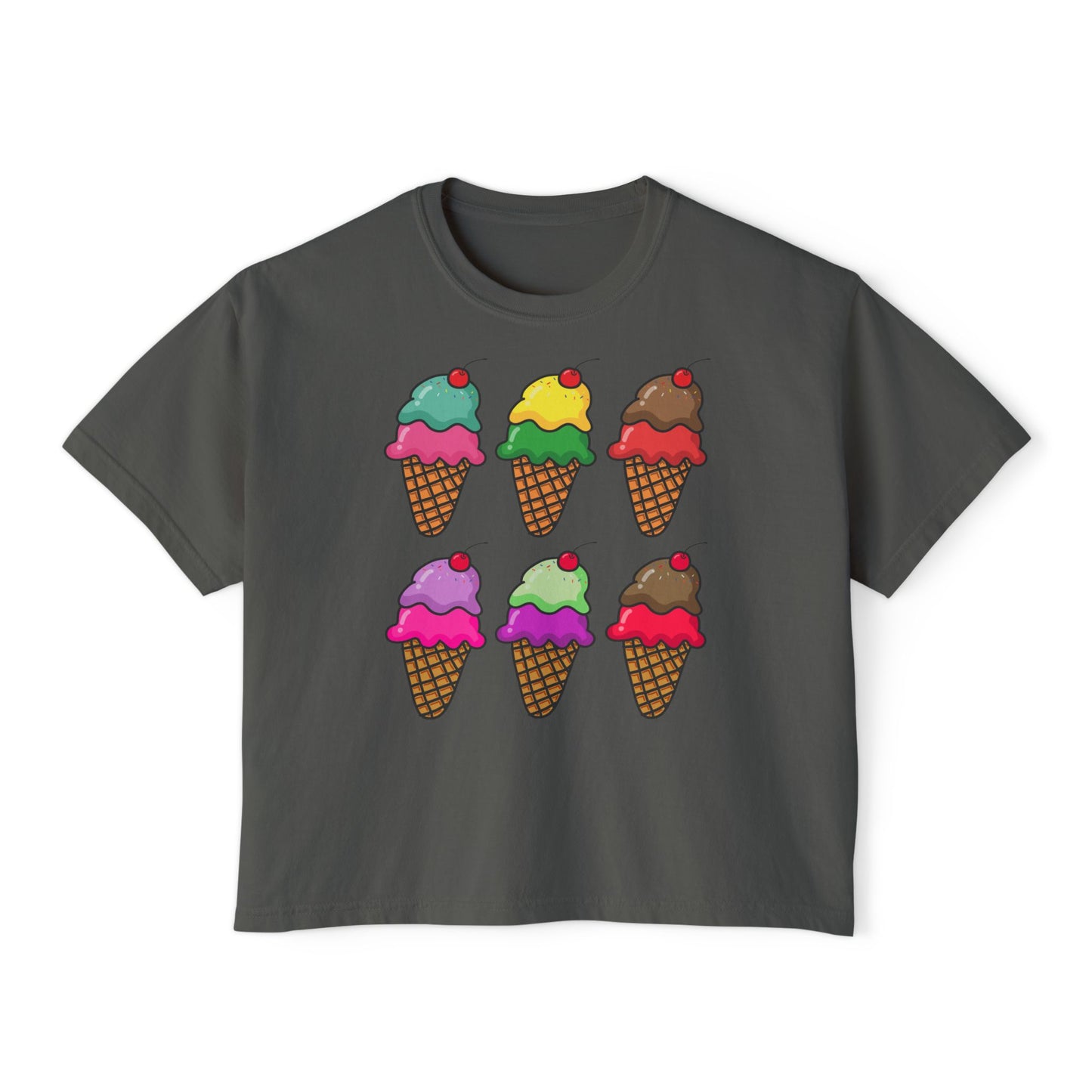 Gray t-shirt with colorful ice cream cone design on a white background