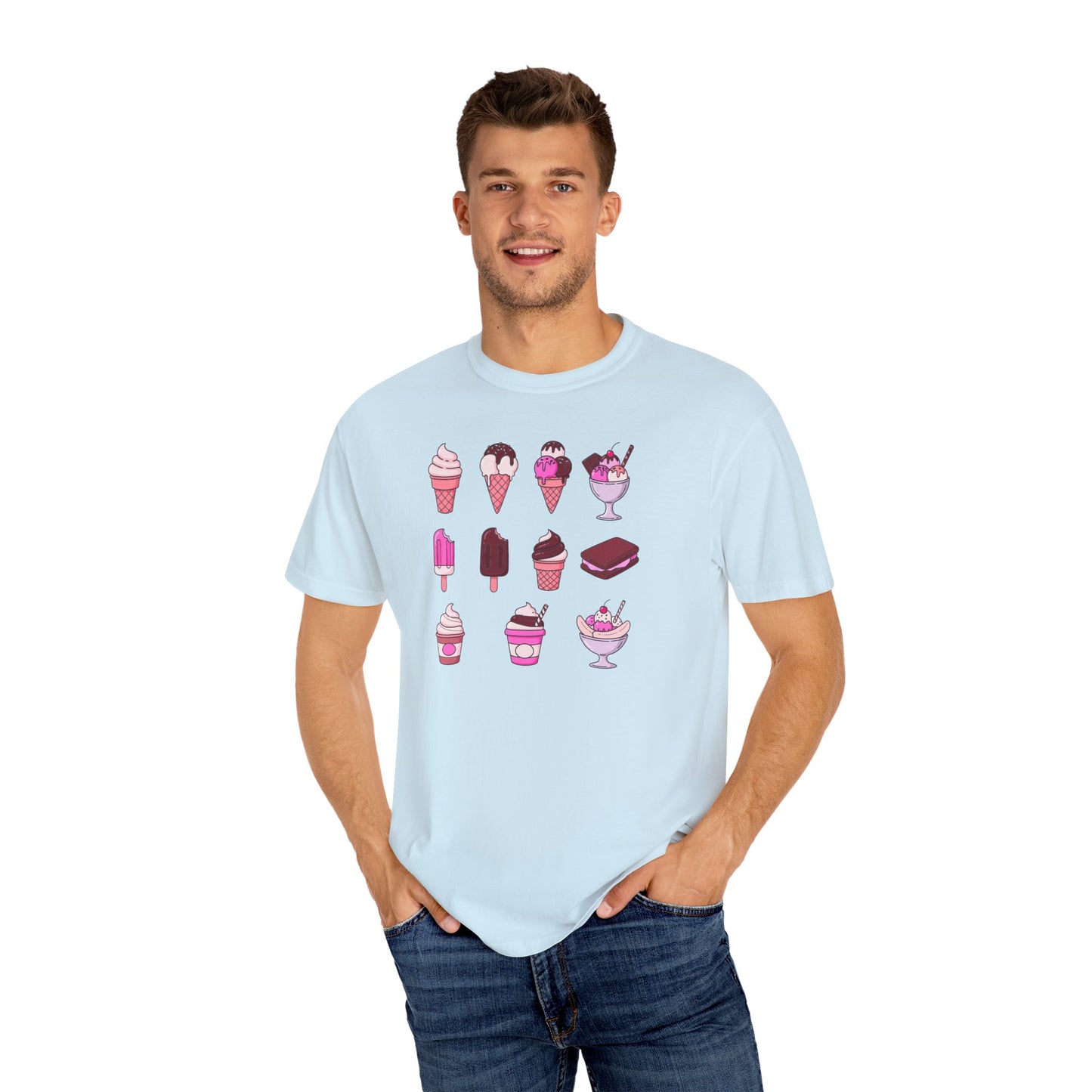 Man wearing a light blue t-shirt with ice cream graphics on a white background