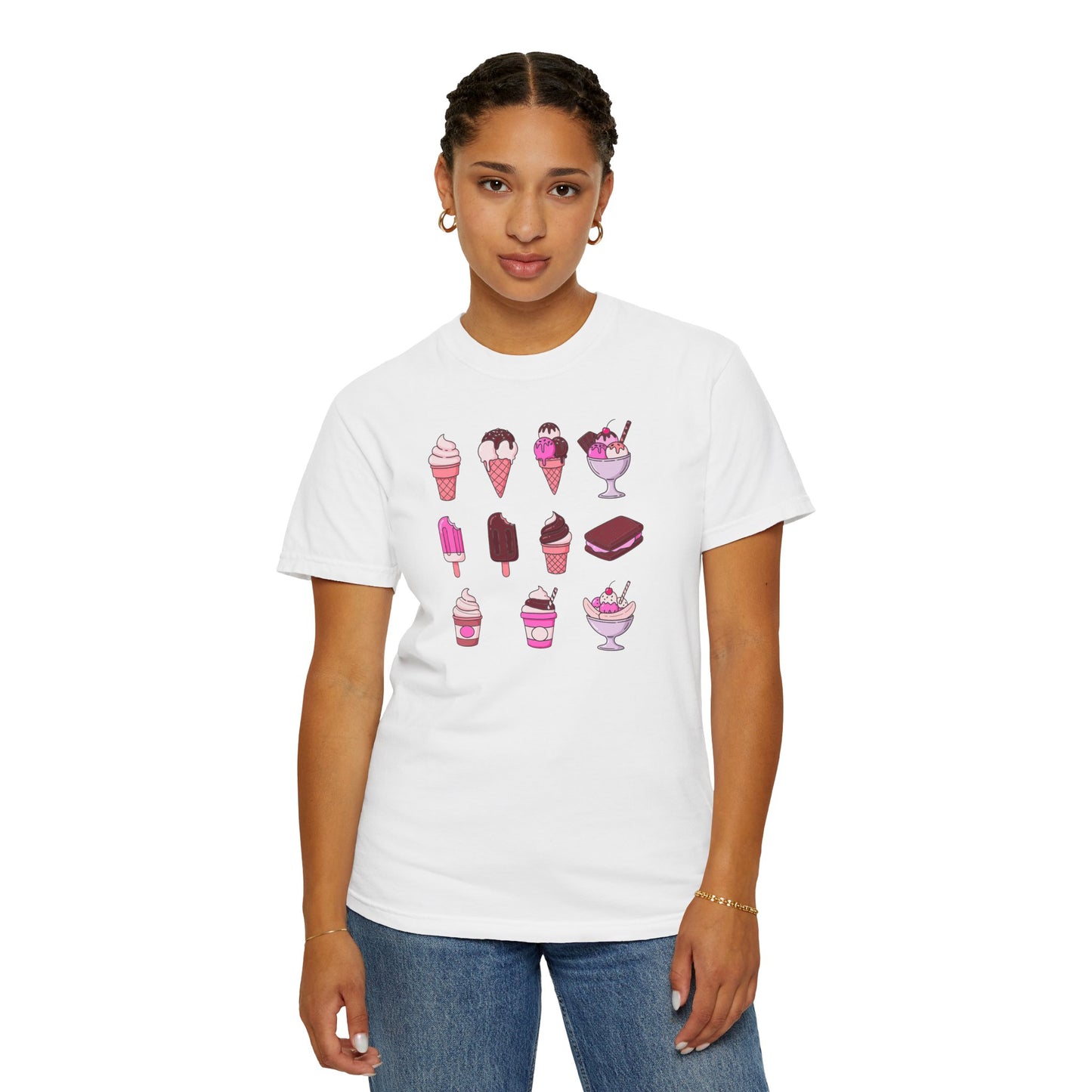Person wearing a white t-shirt with ice cream graphics on a white background