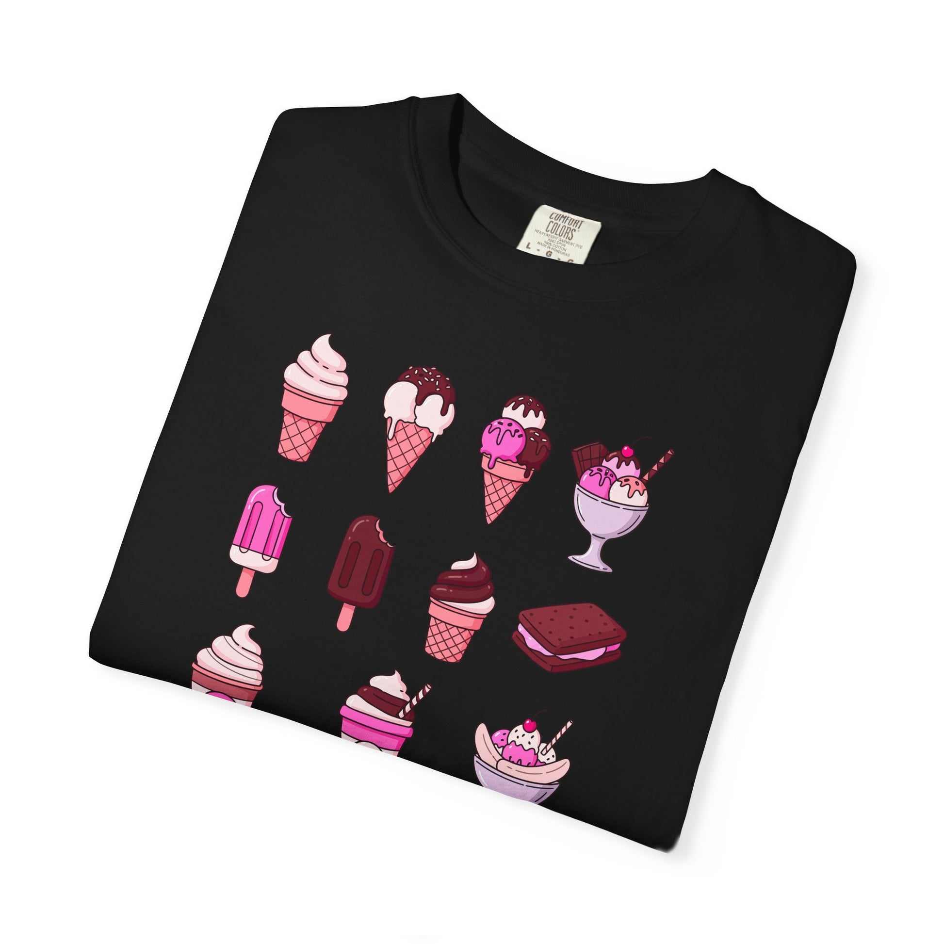 Black t-shirt with ice cream cone and popsicle design on a white background
