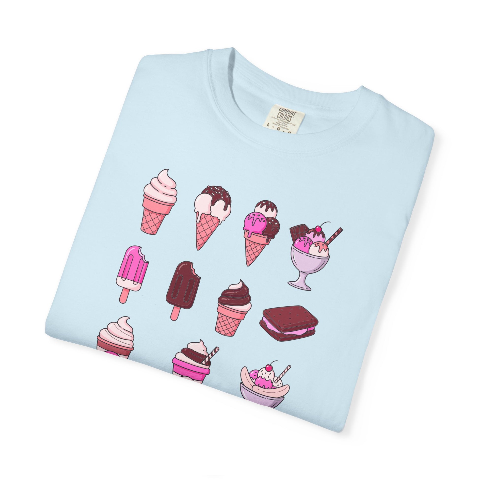 Light blue t-shirt with ice cream cone pattern on a white background