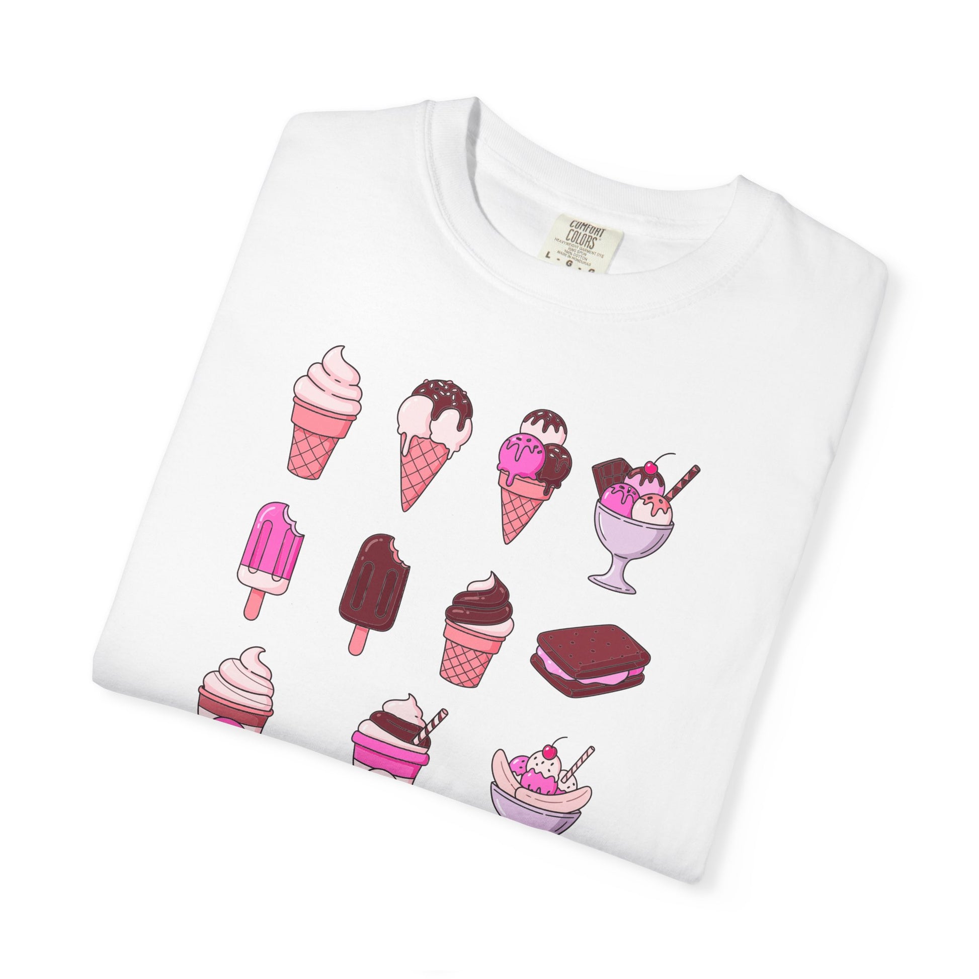 White t-shirt with ice cream cone and popsicle designs on a white background