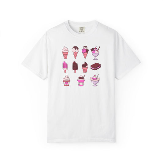 White t-shirt with ice cream cone and sundae graphics on a white background