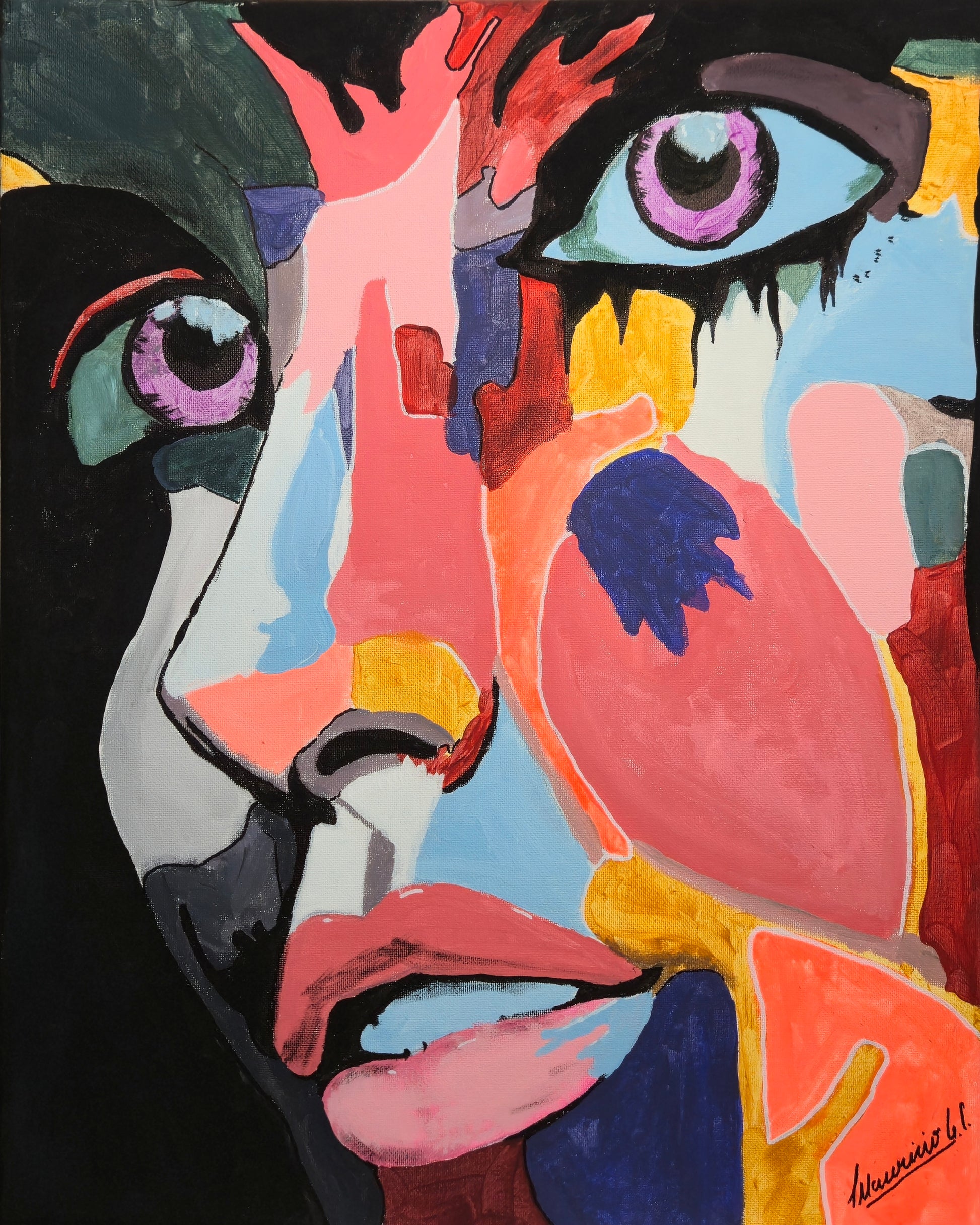 Abstract artwork with colorful faces and shapes