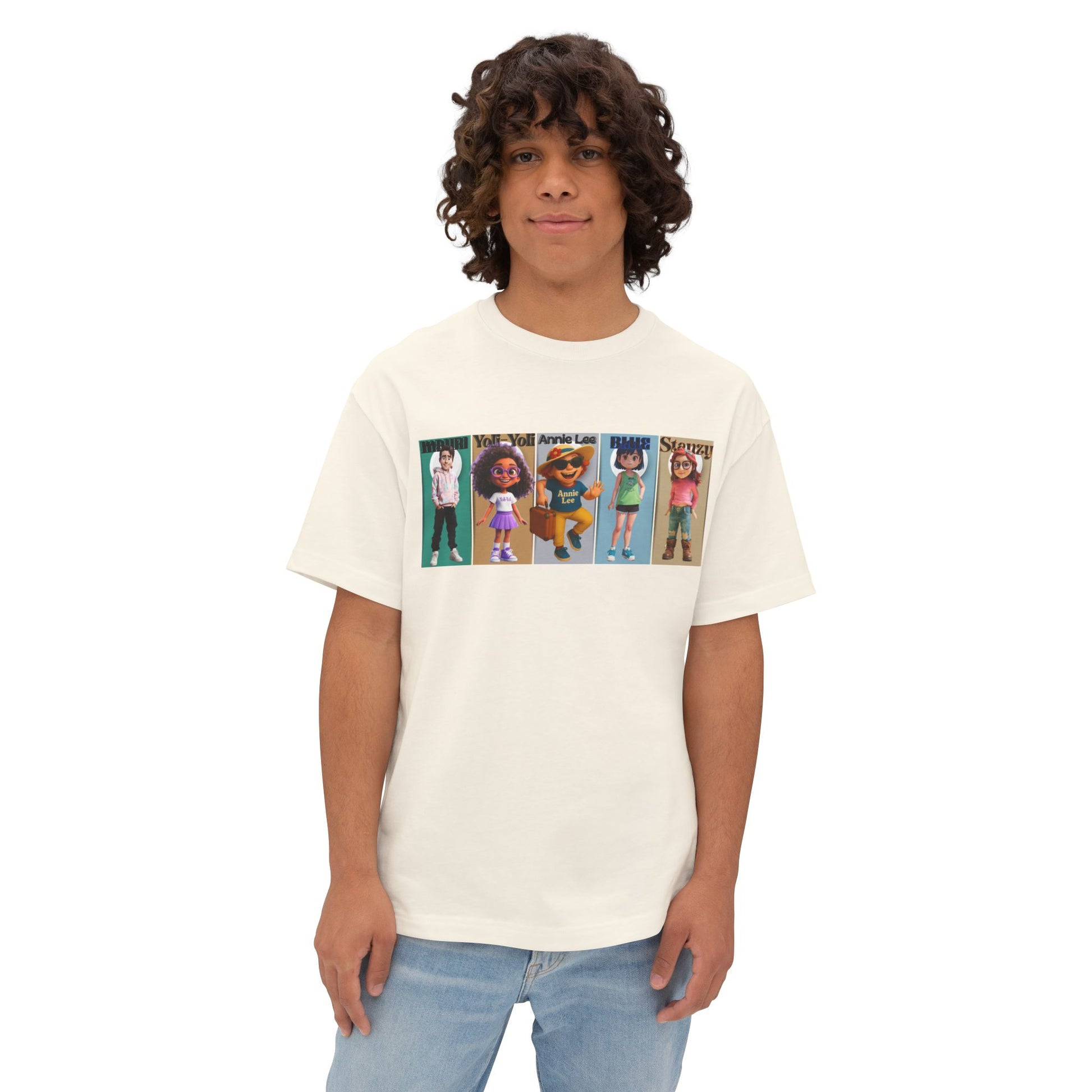 Man earing vibrant people the ultimate oversize tee. Natural. front