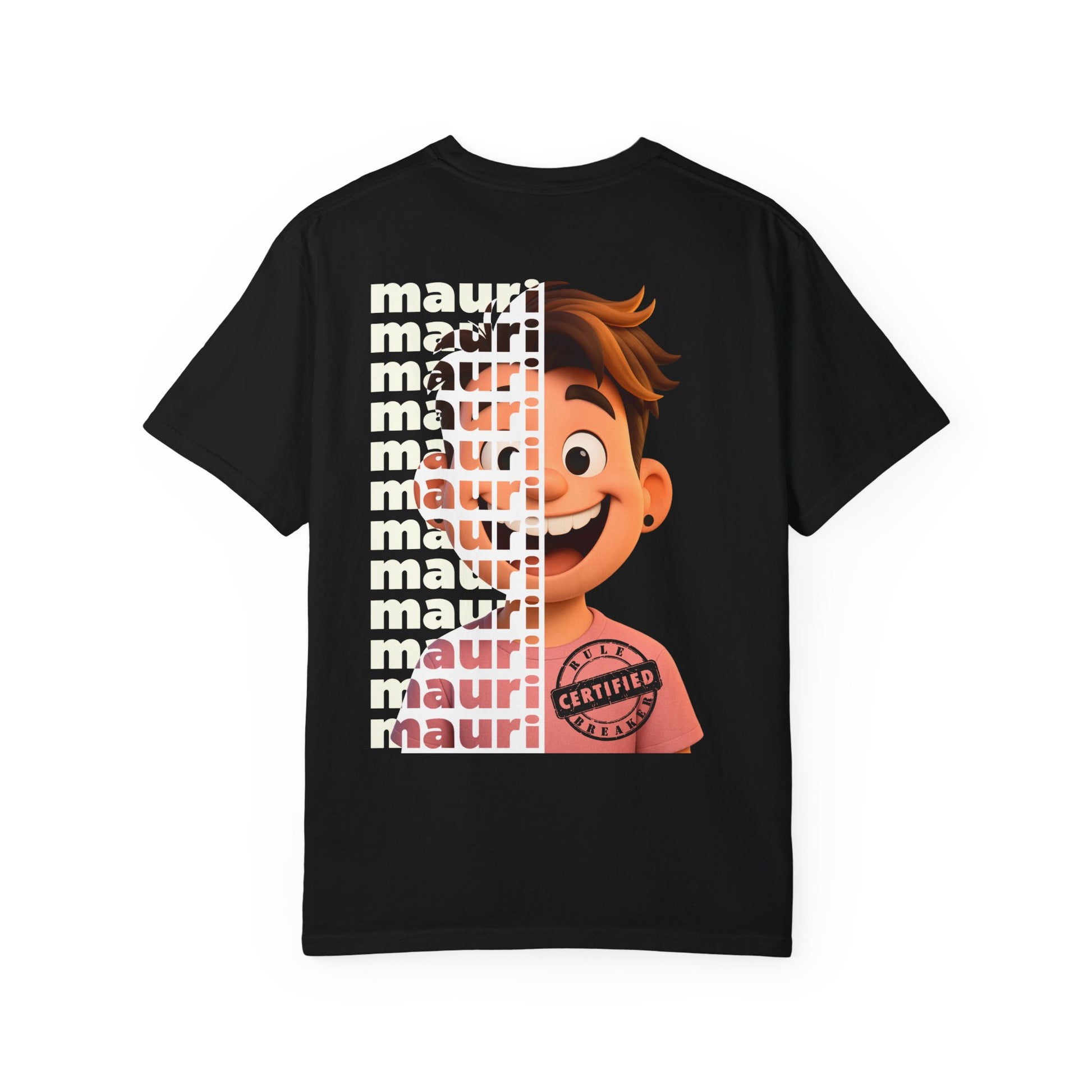 Black t-shirt with a graphic of a cartoon character and 'mauri' branding on a white background