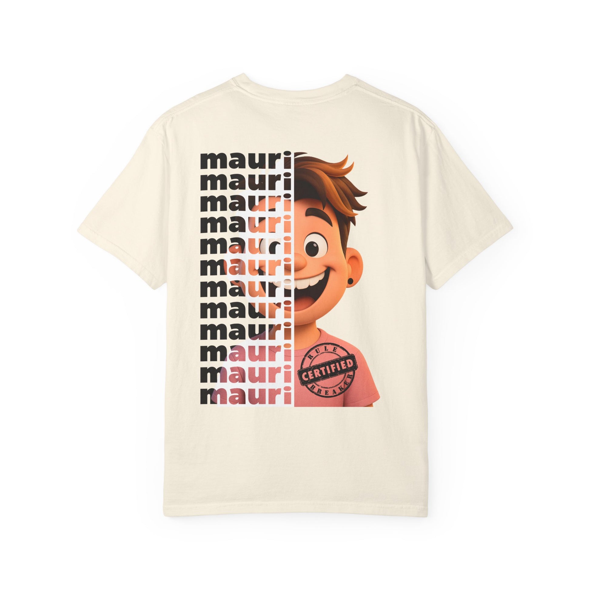 Ivory t-shirt with a character and 'mauri' text on a white background