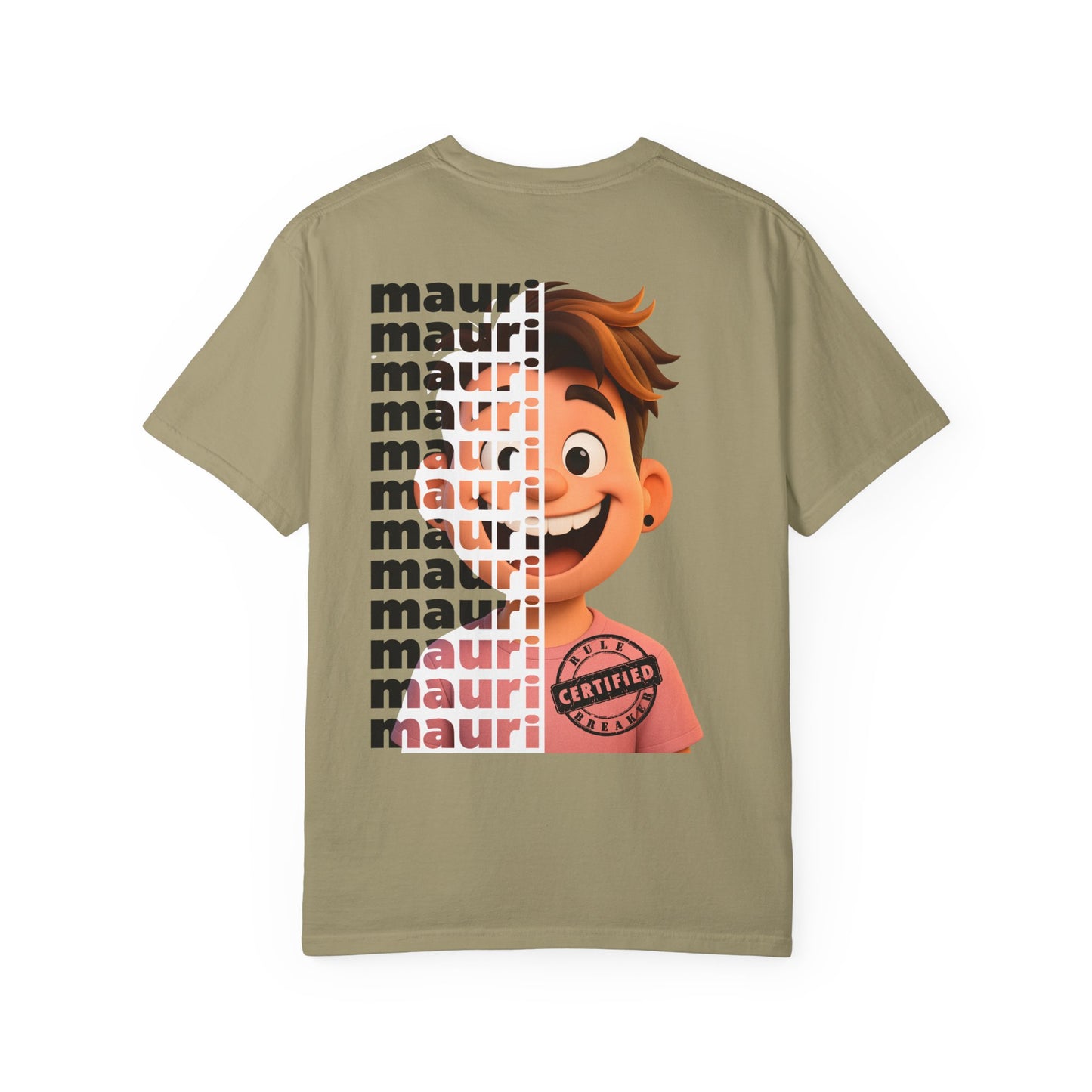 Khaki t-shirt with a cartoon character and 'mauri' branding on the back
